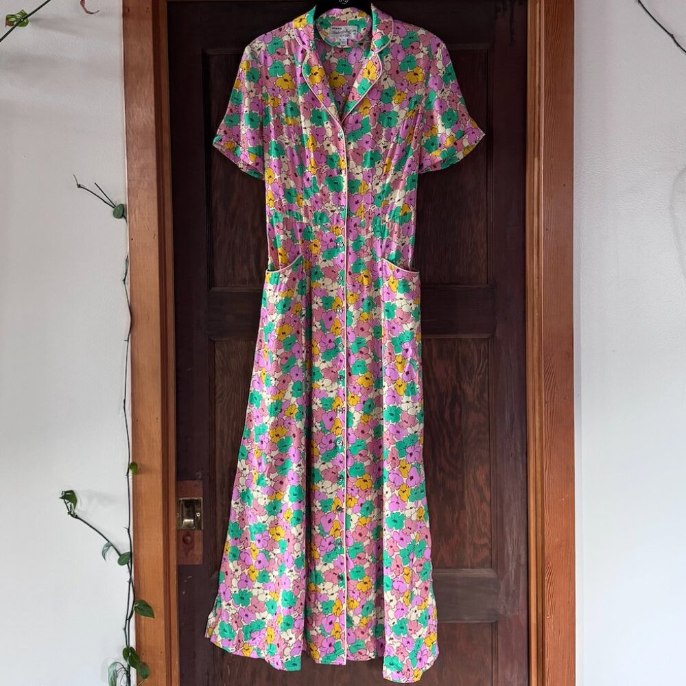 HVN Maria long printed silk crepe de chine midi shirt dress